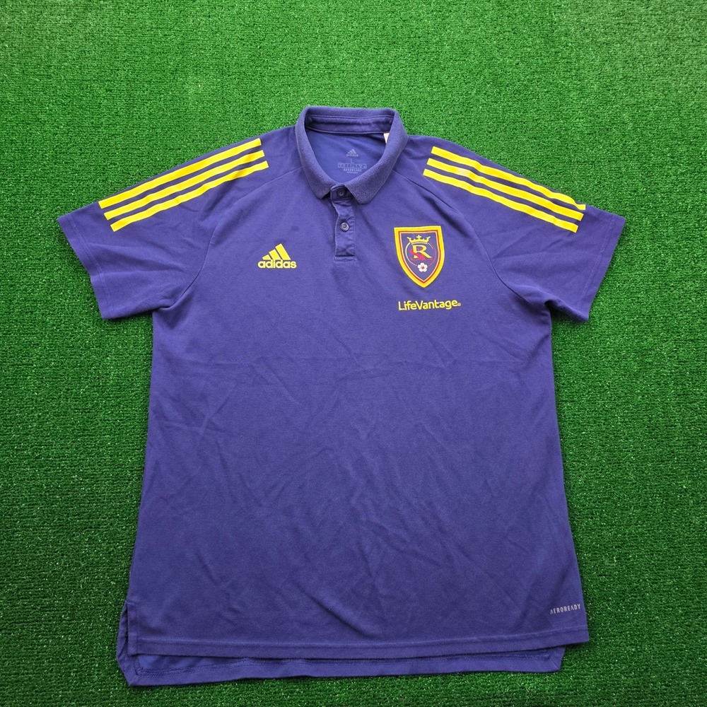 Adidas Real Salt Lake Polo Shirt Mens Large Blue MLS Soccer Sports Aeroready